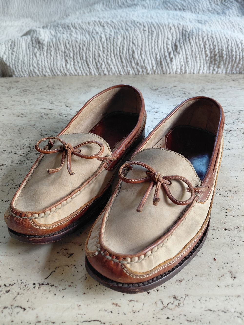 Cole Haan Two-Tone Tan and Cream Leather Boat Shoes